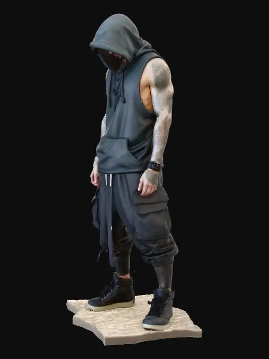 3D model for Una preciosa mujer joven,  cyber-hacker urbana de un ambiente tipo blade runner y cyberpunk, ropa urbana, tatuajes, estilizada semi realista, personaje para videojuego, viste un hoodiencorto sin mangas y pantalones cargo oversized  Pose dinamica, base redonda para figurita con cementondañado.