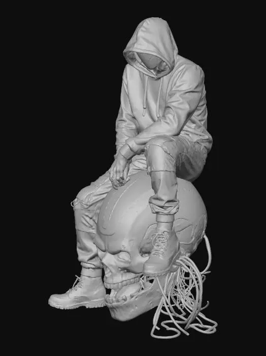 3D model for imagen de cuerpo completo de una preciosa mujer cyber hacker en el universo de blade runner,al estilo de ghost in the shell, estilizado semireslista. Tatuajes de videojuego, viste con un hoodie sin mangas,sin la capucha puesta y corto por encima del ombligo y unos pantalones cargo oversized. tiene un brazo cibernetico. Esta sentada sobre la cabeza de un robot derrotado, tratando de extraer sus datos. Tiene una base redonda, de asfalto quebrado como soporte de la miniatura. La pose es dinamica y refleja la acción de conectar cables al robot