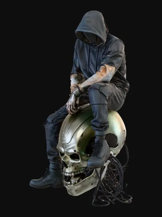 3D model for imagen de cuerpo completo de una preciosa mujer cyber hacker en el universo de blade runner,al estilo de ghost in the shell, estilizado semireslista. Tatuajes de videojuego, viste con un hoodie sin mangas,sin la capucha puesta y corto por encima del ombligo y unos pantalones cargo oversized. tiene un brazo cibernetico. Esta sentada sobre la cabeza de un robot derrotado, tratando de extraer sus datos. Tiene una base redonda, de asfalto quebrado como soporte de la miniatura. La pose es dinamica y refleja la acción de conectar cables al robot