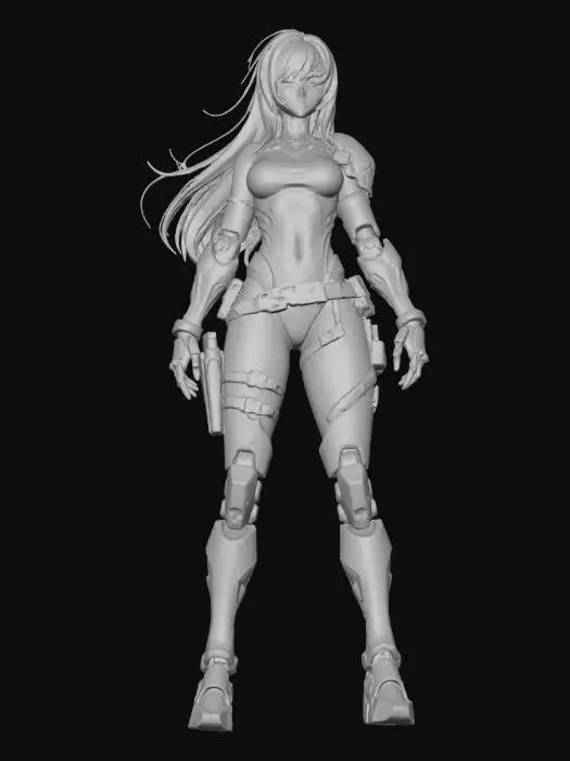 3D model for Una hermosa mujer cyber pirata futurista estilo anime con una figura esbelta y proporciones estilizadas. Viste un top blanco sin mangas, botas altas y elementos cibernéticos brillantes de tono metálico. Un brazo biónico y un ojo cibernético con luz tenue resaltan su rostro. Su cabello vibrante fluye, y su expresión es intrépida, sonriente y determinada.