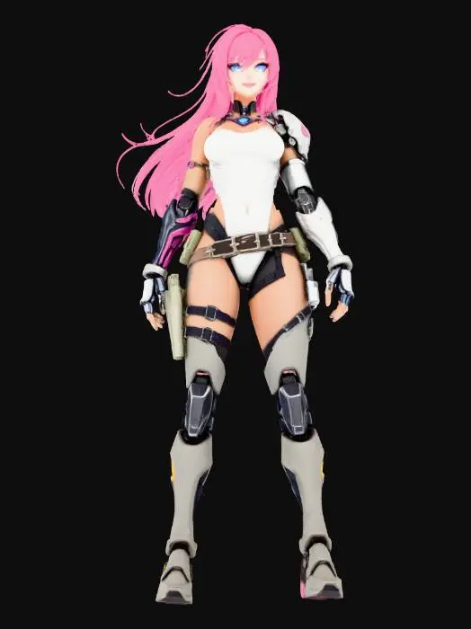 3D model for Una hermosa mujer cyber pirata futurista estilo anime con una figura esbelta y proporciones estilizadas. Viste un top blanco sin mangas, botas altas y elementos cibernéticos brillantes de tono metálico. Un brazo biónico y un ojo cibernético con luz tenue resaltan su rostro. Su cabello vibrante fluye, y su expresión es intrépida, sonriente y determinada.