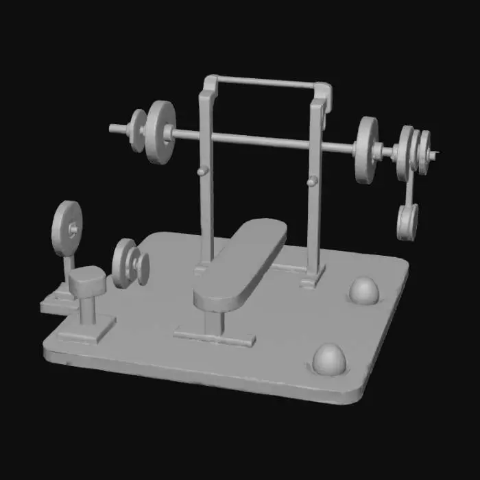 3D model for 3D isometric Airbnb-style icon of a mini gym on a small square platform. Two figures: one person in shorts lifting weights overhead, another person lying on a bench doing bench press. Include a weight bench, barbell rack, pulley frame, and hanging weights. Smooth rounded edges, soft pastel colors, clean minimal diorama look, playful isometric perspective