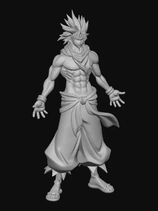 3D model for Create a 3D character model of Mugen from Samurai Champloo, designed in a style similar to the characters from Yakuza 0 T-pose and fully rigged with an armature The character should have Mugen's signature features, including his red kimono, belt, sandals, distinctive hair, and facial features, along with his sword in its sheath attached to the strap as shown in the anime.
high-quality 4K textures for the clothing, skin, hair, and accessories, stylized like Yakuza 0. format, with the model separated into individual objects as follows: Neck and head together Body and clothes together
Hair as a separate object Sword in its sheath, attached to the strap as shown in the anime have The model and all textures have correct UV mapping so that they are properly applied and distortion-free.