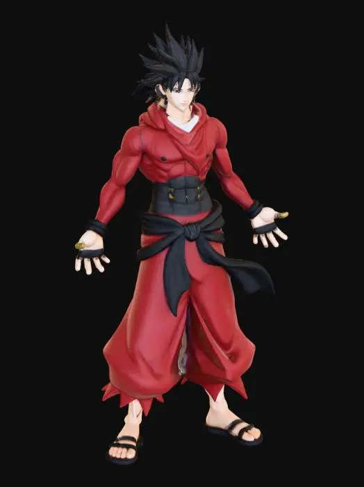3D model for Create a 3D character model of Mugen from Samurai Champloo, designed in a style similar to the characters from Yakuza 0 T-pose and fully rigged with an armature The character should have Mugen's signature features, including his red kimono, belt, sandals, distinctive hair, and facial features, along with his sword in its sheath attached to the strap as shown in the anime.
high-quality 4K textures for the clothing, skin, hair, and accessories, stylized like Yakuza 0. format, with the model separated into individual objects as follows: Neck and head together Body and clothes together
Hair as a separate object Sword in its sheath, attached to the strap as shown in the anime have The model and all textures have correct UV mapping so that they are properly applied and distortion-free.