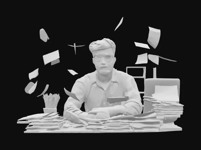 3D model for A stylized 3D scene of a stressed Indian shop owner sitting at a cluttered desk. Papers, invoices, ledger books, Excel windows, and WhatsApp chat icons are floating in the air around him in chaotic motion. The shopkeeper has a worried expression. The lighting is dramatic and moody. Rendered in low-poly clean topology, optimized for .glb export, suitable for website use.