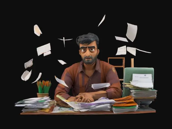 3D model for A stylized 3D scene of a stressed Indian shop owner sitting at a cluttered desk. Papers, invoices, ledger books, Excel windows, and WhatsApp chat icons are floating in the air around him in chaotic motion. The shopkeeper has a worried expression. The lighting is dramatic and moody. Rendered in low-poly clean topology, optimized for .glb export, suitable for website use.
