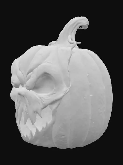 3D model for Create a detailed 3D asset of a menacing Halloween pumpkin. The pumpkin should have a large, twisted grin carved into its face, with jagged, uneven edges. Its hollow eyes should glow with an eerie, dim orange light, casting ominous shadows around it. The pumpkin’s surface should have a rough, aged texture, with deep wrinkles and cracks that reveal the hollow insides. Dark, curling vines should extend from the stem, adding to the gnarled appearance. The overall look should be dark and foreboding, as if the pumpkin has been sitting forgotten in a haunted pumpkin patch for years. Add subtle fog and shadows around the base for extra atmosphere.