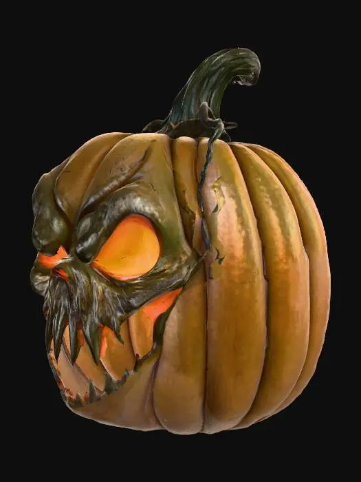 3D model for Create a detailed 3D asset of a menacing Halloween pumpkin. The pumpkin should have a large, twisted grin carved into its face, with jagged, uneven edges. Its hollow eyes should glow with an eerie, dim orange light, casting ominous shadows around it. The pumpkin’s surface should have a rough, aged texture, with deep wrinkles and cracks that reveal the hollow insides. Dark, curling vines should extend from the stem, adding to the gnarled appearance. The overall look should be dark and foreboding, as if the pumpkin has been sitting forgotten in a haunted pumpkin patch for years. Add subtle fog and shadows around the base for extra atmosphere.