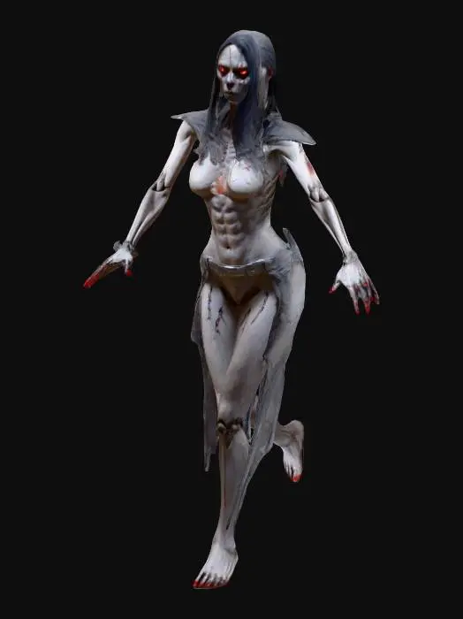 3D model for Gaunt female antagonist in T-pose, draped in a tattered. Exposed sk, #women#, eletal frame,glowing red eyes elongated claws, ash-gray skin. Model specs: 15-25k polys 4K PBR textures albedo, normal, roughness Modular parts for rigging; veil optimized for cloth simulation. Cultural details: corroded silver jewelry, occult henna symbols on feet. ,, Sci-Fi, motifs with supernatural horror. Deliverables: high-low-poly models, textures, rig-ready mesh