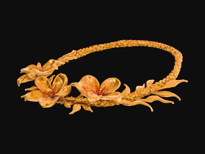 3D model for Solid metal necklace inspired by blooming mango flowers, sculpted as an unbroken arc of interwoven stems that wrap gracefully around the neck. At the front, clusters of small five-petaled mango blossoms overlap in various stages of bloom, each with detailed stamens and natural curvature. From these blossoms, twin stems extend backward, twisting together like living vines, merging into a continuous metal braid that replaces any chain. Surfaces flow seamlessly from petal to stem, polished to highlight organic depth. Leaflets sprout intermittently along the stems, curling outward with subtle asymmetry. The structure should feel alive—refined yet wild, forged from a single piece of metal as if grown, not made. Polished brass or sterling silver. Sculptural realism, elegant restraint