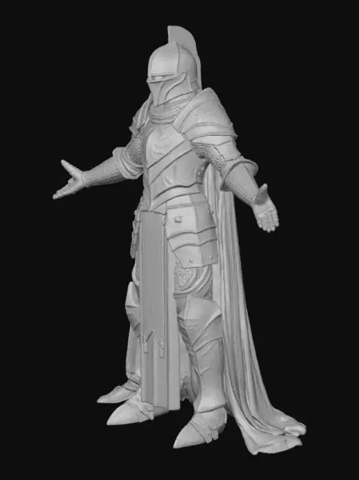 3D model for Stylized fantasy knight character wearing ornate plate armor with flowing robes and layered belts. The armor has engraved lines and glowing accents, and the cloth robe sways slightly as if caught by wind. The knight’s longsword is sheathed on his left waist, hilt visible with crystal ornamentation, confident and calm. Stylized proportions, vivid materials, detailed metal and fabric textures, fantasy RPG game aesthetic