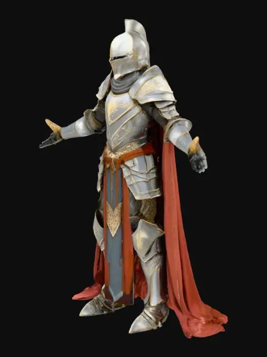 3D model for Stylized fantasy knight character wearing ornate plate armor with flowing robes and layered belts. The armor has engraved lines and glowing accents, and the cloth robe sways slightly as if caught by wind. The knight’s longsword is sheathed on his left waist, hilt visible with crystal ornamentation, confident and calm. Stylized proportions, vivid materials, detailed metal and fabric textures, fantasy RPG game aesthetic