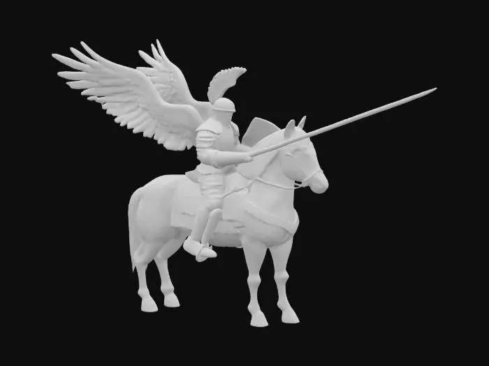 3D model for [Poland] The object depicts a Polish Hussar on a horse, realistic, stylized, classic, accurate style. Equipped with smooth metal heavy armor. On his back he has two wings with white feathers, classic for heavy hussar cavalry from Poland. In his right hand he holds a 2.5 meter long and 10 cm thick cylindrical wooden spear with a pointed steel tip. Dark powerful horse with textured, shiny fur. #AroundTheWorld#