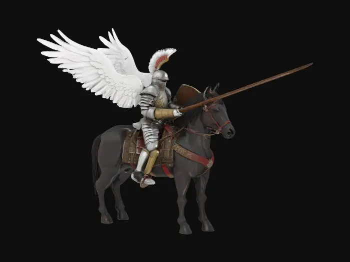 3D model for [Poland] The object depicts a Polish Hussar on a horse, realistic, stylized, classic, accurate style. Equipped with smooth metal heavy armor. On his back he has two wings with white feathers, classic for heavy hussar cavalry from Poland. In his right hand he holds a 2.5 meter long and 10 cm thick cylindrical wooden spear with a pointed steel tip. Dark powerful horse with textured, shiny fur. #AroundTheWorld#
