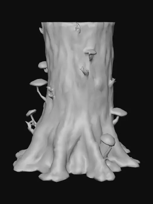 3D model for old cut tree stump, flat smooth top surface, circular glowing indent in center for placing item, moss and small mushrooms growing on bark, weathered wood texture, knee height, fantasy forest altar, stylized game asset