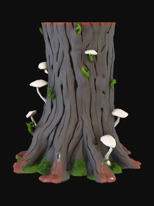 3D model for old cut tree stump, flat smooth top surface, circular glowing indent in center for placing item, moss and small mushrooms growing on bark, weathered wood texture, knee height, fantasy forest altar, stylized game asset