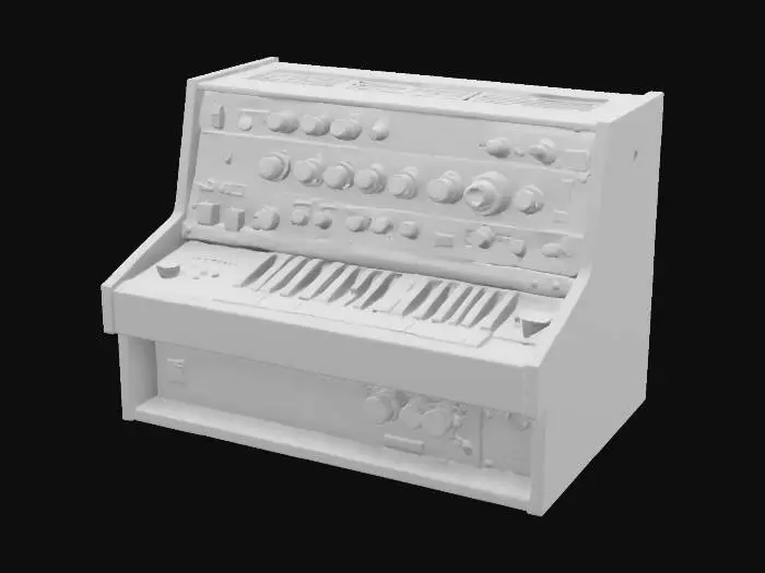 3D model for A Solarvox-77, a futuristic 1970s electro-acoustic synthesizer. Its sleek walnut-wood chassis houses a brushed aluminum control panel with glowing analog dials and a built-in oscilloscope. A custom ribbon controller stretches across the top, allowing expressive pitch modulation. The backlit frequency sliders pulse with sound intensity. Integrated hidden spring reverb coils add a warm, vintage texture. High-detail mesh, single 4K texture, photo-realistic materials.