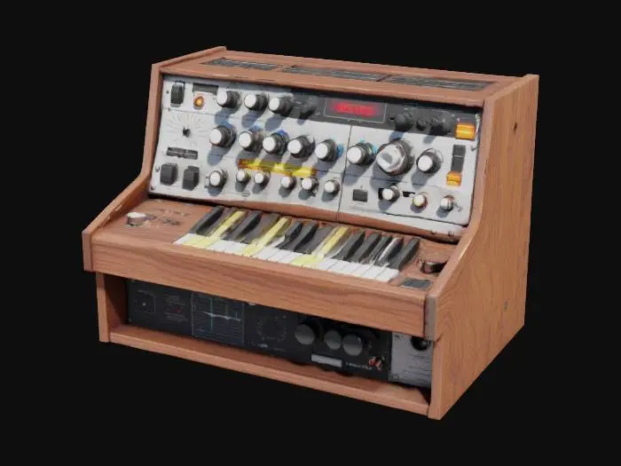 3D model for A Solarvox-77, a futuristic 1970s electro-acoustic synthesizer. Its sleek walnut-wood chassis houses a brushed aluminum control panel with glowing analog dials and a built-in oscilloscope. A custom ribbon controller stretches across the top, allowing expressive pitch modulation. The backlit frequency sliders pulse with sound intensity. Integrated hidden spring reverb coils add a warm, vintage texture. High-detail mesh, single 4K texture, photo-realistic materials.