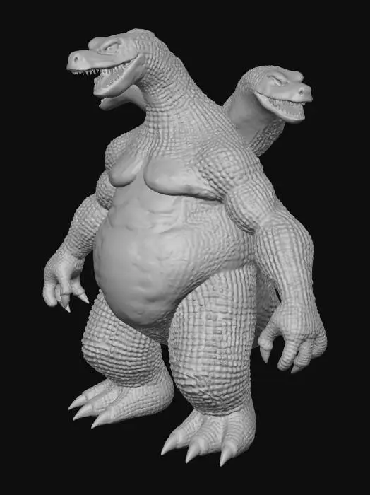 3D model for Overall Silhouette

Scale: Massive, towering kaiju—clearly larger and broader than Godzilla

Body shape: Tall, intimidating, and regal with a wide chest and long necks

Presence: Alien and godlike rather than animal-like

Posture: Upright and dominant, chest forward, wings slightly raised

Heads (Three)

Each head shares the same base anatomy but should feel individually expressive.

Shape

Snouts: Long and narrow with sharp, angular contours

Jaw: Hinged wide with visible power in the hinge

Teeth: Long, jagged, uneven, and slightly curved

Eyes: Deep-set, glowing, and predatory

Personality Detail (Subtle)

Center head: More aggressive and dominant

Side heads: Slightly offset poses (curious or reactive)

Necks

Length: Extremely long and flexible, almost serpent-like

Structure:

Segmen