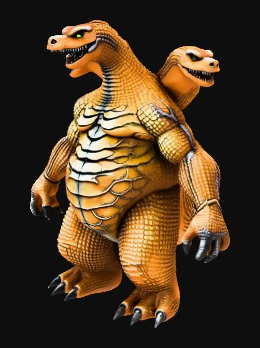3D model for Overall Silhouette

Scale: Massive, towering kaiju—clearly larger and broader than Godzilla

Body shape: Tall, intimidating, and regal with a wide chest and long necks

Presence: Alien and godlike rather than animal-like

Posture: Upright and dominant, chest forward, wings slightly raised

Heads (Three)

Each head shares the same base anatomy but should feel individually expressive.

Shape

Snouts: Long and narrow with sharp, angular contours

Jaw: Hinged wide with visible power in the hinge

Teeth: Long, jagged, uneven, and slightly curved

Eyes: Deep-set, glowing, and predatory

Personality Detail (Subtle)

Center head: More aggressive and dominant

Side heads: Slightly offset poses (curious or reactive)

Necks

Length: Extremely long and flexible, almost serpent-like

Structure:

Segmen