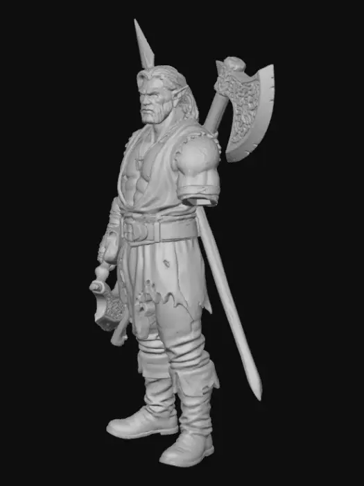 3D model for 3D-модель мускулистого персонажа орка или полуорка с оливково-зеленой кожей, острыми ушами и светлыми волосами, собранными на затылке. У него есть короткая борода и усы. Персонаж одет в рваную синюю тунику и коричневые брюки, с поясом из потертой кожи и набедренной сумкой. Правая рука перевязана кожаными ремешками. Левая рука отсутствует ниже плеча. Он держит в правой руке одноручный топор с узором, а за спиной у него скрещены длинное копье и большой двусторонний топор с кельтскими узорами. На шее висит подвеска из кости. Освещение мягкое, подчеркивающее детали текстуры кожи, ткани и металла.