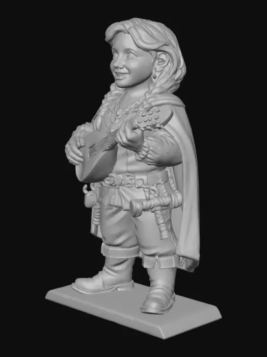 3D model for Young female rock gnome bard, cheerful expression. Height about 1.1 meters, short and sturdy body. Chestnut brown hair with slight green tint, two braids with small copper rings. Bright green eyes, round face, light olive skin tone. Wearing a white ruffled shirt, reddish-brown leather vest with brass buttons, dark green short cloak with bronze clasp, brown pants, dark sturdy boots. A gold ring necklace hanging on a leather cord. On her back: small crossbow. 
Small lute In her hands, she is playing on it. Two small metal hammers hanging from her belt. Semi-cartoon stylized fantasy style, similar to D&D or stylized RPG character. Neutral pose, slight smile, neutral lighting.
