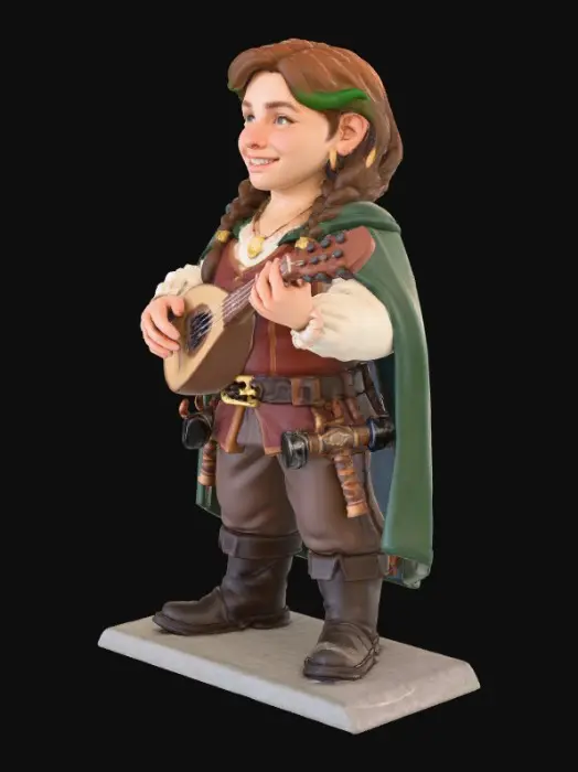 3D model for Young female rock gnome bard, cheerful expression. Height about 1.1 meters, short and sturdy body. Chestnut brown hair with slight green tint, two braids with small copper rings. Bright green eyes, round face, light olive skin tone. Wearing a white ruffled shirt, reddish-brown leather vest with brass buttons, dark green short cloak with bronze clasp, brown pants, dark sturdy boots. A gold ring necklace hanging on a leather cord. On her back: small crossbow. 
Small lute In her hands, she is playing on it. Two small metal hammers hanging from her belt. Semi-cartoon stylized fantasy style, similar to D&D or stylized RPG character. Neutral pose, slight smile, neutral lighting.