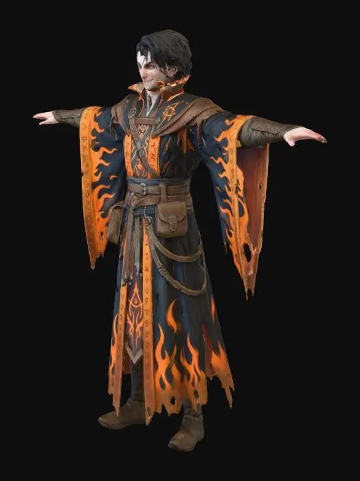 3D model for make an realisticly drawn d&d human wizard for my game. The wizard has nothing in his hands. A black and orange robe and looks a bit chaotic nutral.