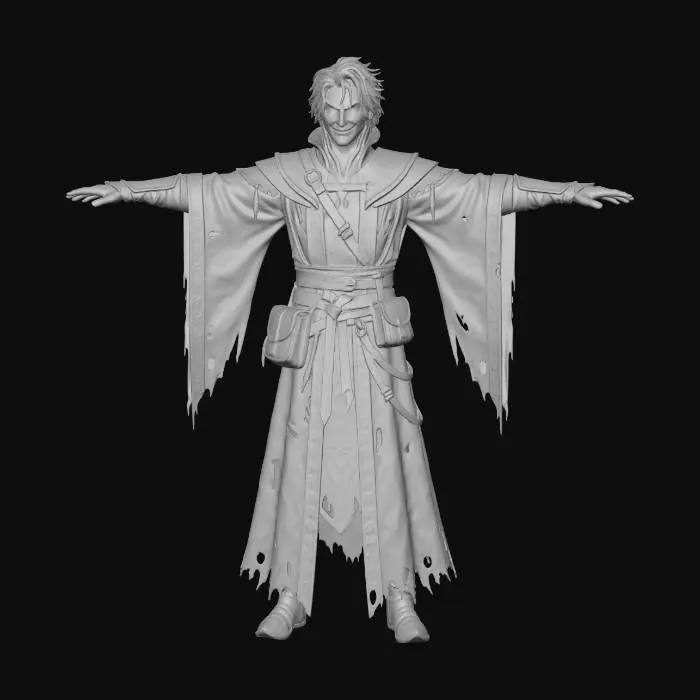 3D model for make an realisticly drawn d&d human wizard for my game. The wizard has nothing in his hands. A black and orange robe and looks a bit chaotic nutral.