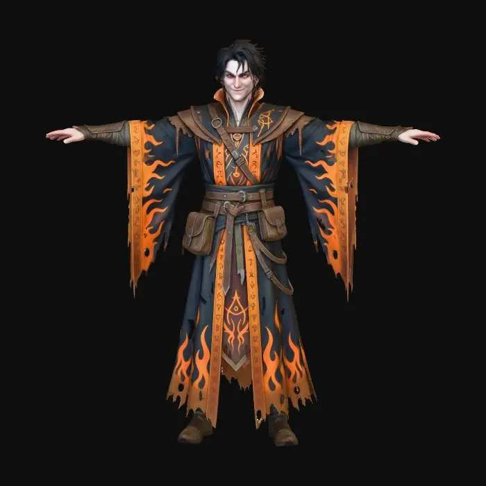 3D model for make an realisticly drawn d&d human wizard for my game. The wizard has nothing in his hands. A black and orange robe and looks a bit chaotic nutral.