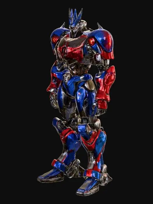 3D model for Create a 3D model of a futuristic mecha robot, tall and imposing with humanoid proportions. Its design should feature layered metallic panels, exposed gears, pistons, and glowing energy tubes. Use a heroic palette of deep blue and bold red with chrome highlights and white‑blue LED accents. The head should resemble a knight’s helmet with a central crest and glowing eyes. The chest must include grille‑like elements and stylized headlights, with a softly pulsing energy core at the center. Shoulders broad and armored, arms powerful with articulated hands, legs reinforced with wide feet for stability. Materials should mix polished steel and brushed alloys, with scratches hinting at battle. Present with dramatic lighting, metallic reflections, and a subtle blue glow radiating from the core.