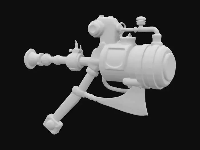 3D model for #ChronoForgeWeapon#, Big pickaxe with steam generator, attached steam tank on handle with piping connected to weapon head, some lightpoints on handle, hydraulic dampers in top part,  Steampunk theme, Copper material, Highly Detailed, Cartoon style