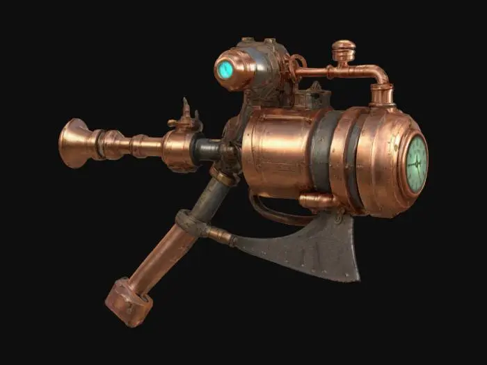 3D model for #ChronoForgeWeapon#, Big pickaxe with steam generator, attached steam tank on handle with piping connected to weapon head, some lightpoints on handle, hydraulic dampers in top part,  Steampunk theme, Copper material, Highly Detailed, Cartoon style