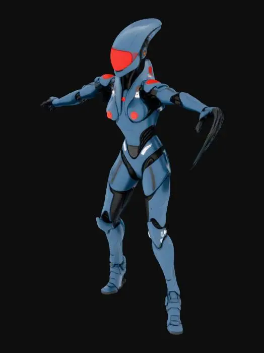 3D model for A Scout from an alien civilization with a streamlined, bionic body covered in deep blue high-hardness ceramic armor. Red biopolymer patches are visible at the armor joints. He carries a rifle that fires high-thermal plasma. Requirement: Biomechanic style, emphasize the smoothness and hardness of the ceramic, precise gaps and connection details between armor plates.