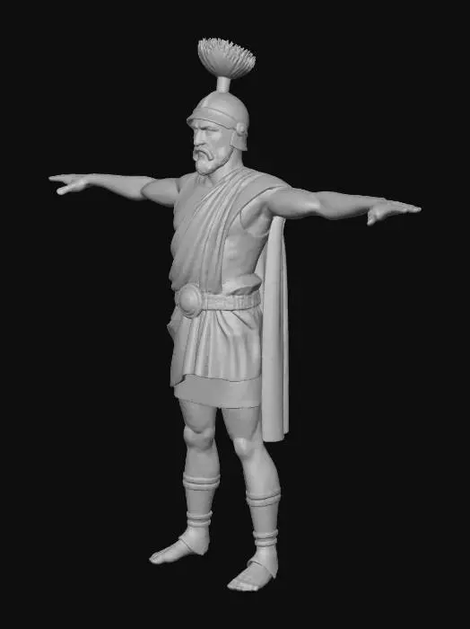 3D model for Greek Hoplite soldier.
Face is covered by a greek helmet. 
Not too strong, normal anatomy. Red, white and Bronze outfit colors, game ready.
No weapon, T pose ready for rigging in unreal engine.
