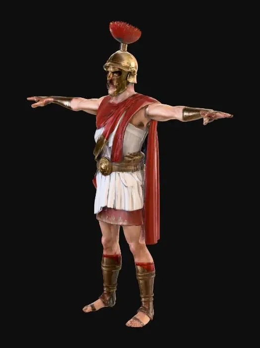 3D model for Greek Hoplite soldier.
Face is covered by a greek helmet. 
Not too strong, normal anatomy. Red, white and Bronze outfit colors, game ready.
No weapon, T pose ready for rigging in unreal engine.