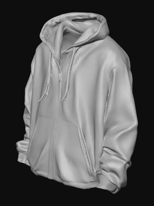 3D model for 3D model of an oversized sports hoodie, lightweight semi-translucent fabric with soft sheen, relaxed fit. Full front zipper with adjustable hood and subtle drawstrings. Elastic cuffs and hem for snug fit. Modern urban-athletic style, neutral sand beige color, slightly loose drape on torso and sleeves, realistic fabric folds.