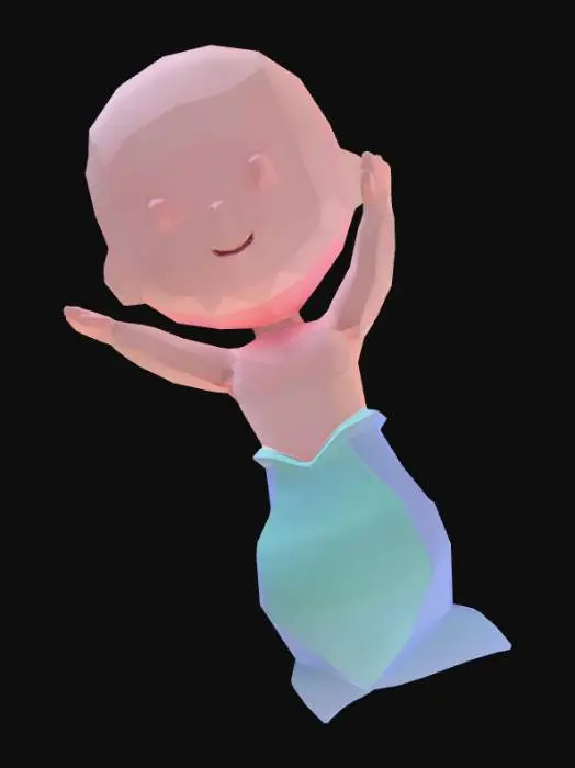 3D model for Chibi low-poly mermaid base character, large head small body proportions, completely bald head (no hair, no eyebrows, no eyelashes), simple cute face, smooth shapes, pastel colors, T-POSE, arms straight out horizontally at shoulder height, palms down, front facing, symmetrical, neutral pose for humanoid rigging, single mermaid tail instead of legs, simple tail fin, game-ready clean topology