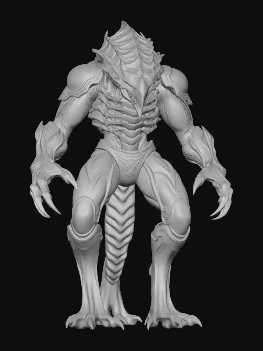 3D model for Korkunç derecede vahşi ama güzel, yırtıcı bir yaratık. Siyah, parlak, zırh benzeri bir dış kabuğa sahip. Vücudunu saran koyu mor damarlar mistik bir ışıltıyla parlıyor. Sarı, keskin gözleri ürkütücü bir ifade taşırken, kaslı uzuvları sivri pençelerle sonlanıyor. Dokusu sert, köşeli ve yer yer pul pul, pürüzlü bir his veriyor.