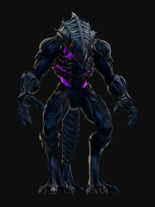 3D model for Korkunç derecede vahşi ama güzel, yırtıcı bir yaratık. Siyah, parlak, zırh benzeri bir dış kabuğa sahip. Vücudunu saran koyu mor damarlar mistik bir ışıltıyla parlıyor. Sarı, keskin gözleri ürkütücü bir ifade taşırken, kaslı uzuvları sivri pençelerle sonlanıyor. Dokusu sert, köşeli ve yer yer pul pul, pürüzlü bir his veriyor.