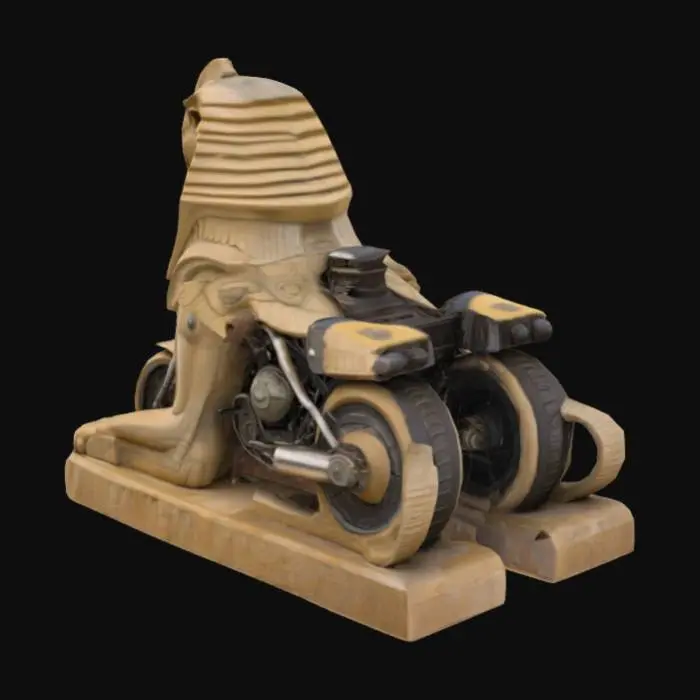 3D model for A stone sphinx statue with metal mechanical moving parts allowing it to transform into a motorcycle. , #AroundTheWorld#