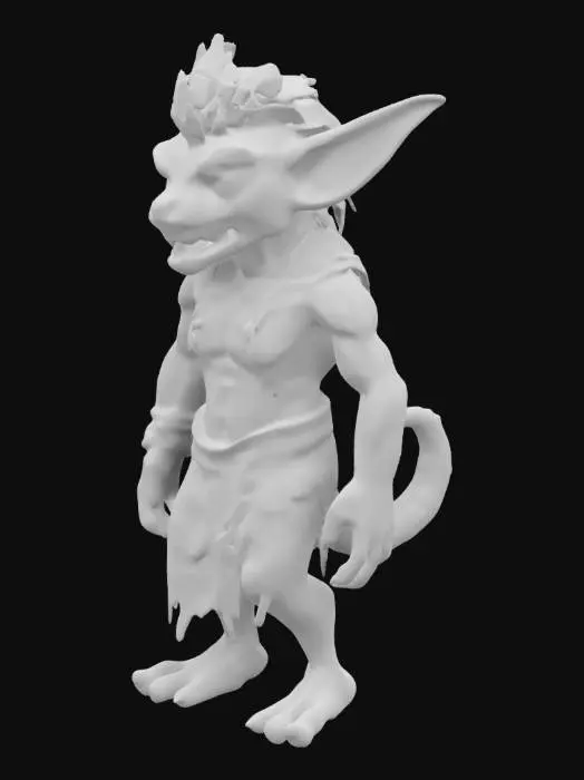 3D model for a fantastical creature that resembles a humanoid figure with a pale, blueish skin tone. It has long, pointed ears and a mane of hair that stands upright along its neck and shoulders. The creature's eyes are red and glowing, and it has a wide, toothy grin. It is wearing a brown, tattered outfit.