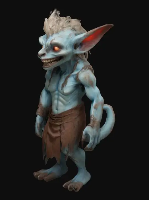 3D model for a fantastical creature that resembles a humanoid figure with a pale, blueish skin tone. It has long, pointed ears and a mane of hair that stands upright along its neck and shoulders. The creature's eyes are red and glowing, and it has a wide, toothy grin. It is wearing a brown, tattered outfit.