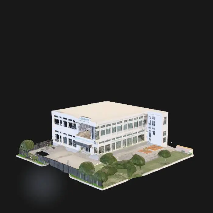 3D model for Create a full 3D model of a modern school campus. Include a three-floor main building with a wide entrance, glass doors, a signboard, and long windows. Add corridors, classrooms with desks, a computer lab, science lab, library, principal office, staff room, and staircases. Outside, add a playground, trees, benches, plants, bicycle parking, boundary wall, front gate, and walking paths. Keep the style clean low-poly, optimized, game-ready, with smooth geometry and no holes.
