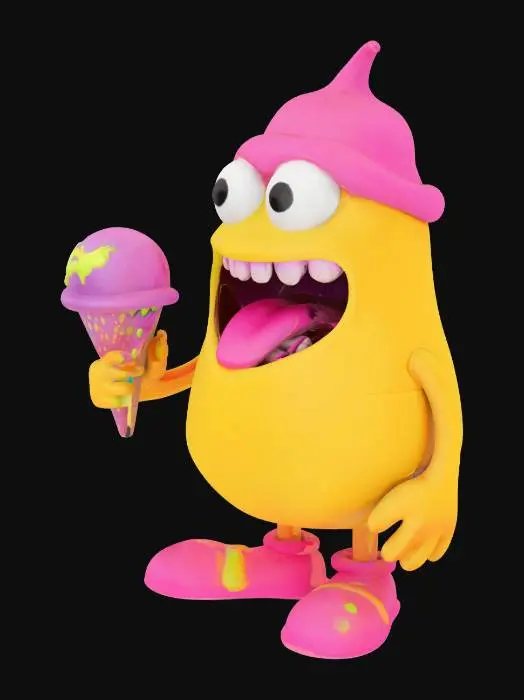 3D model for Create a 3D art toy of a small cartoon monster with a round head and body, big round eyes, wide open cartoon mouth (sometimes with teeth or tongue), short or long arms, soft exaggerated features, smooth shiny vinyl-like texture, bright neon colors (choose from: pink, lime green, turquoise, yellow, purple, orange), ultra-round shapes, no sharp angles, fun and playful expression, in the style of designer toys like Pop Mart, Kidrobot or Funko holding an oversized ice cream cone, licking it with long tongue, eyes wide in delight, dominant colors: yellow and magenta.