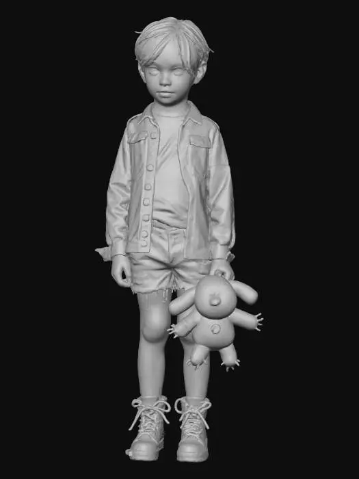 3D model for Tough young girl survivor, about 7 years old, small but confident. Messy short red hair with uneven knife-cut bangs, one storm grey eye and one faint glowing violet eye. Dirty face with freckles and healed scars. Wears oversized torn military jacket with stitched patches and burn marks, layered over a ripped striped shirt, rugged shorts, torn leggings and heavy worn lace-up boots tied with wire and cloth. Rope belt with odd trinkets like bones, keys and small charms. In one hand she holds a creepy damaged teddy bear with missing fur, exposed stitching, one glowing red button eye and tiny metal claws sewn to the paws. Dark gritty horror fantasy vibe. Survivor energy, defiant attitude, mysterious connection to monsters.