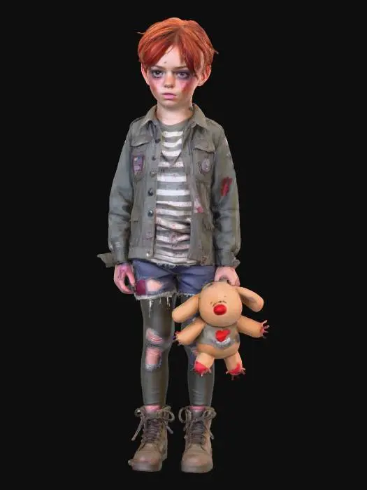 3D model for Tough young girl survivor, about 7 years old, small but confident. Messy short red hair with uneven knife-cut bangs, one storm grey eye and one faint glowing violet eye. Dirty face with freckles and healed scars. Wears oversized torn military jacket with stitched patches and burn marks, layered over a ripped striped shirt, rugged shorts, torn leggings and heavy worn lace-up boots tied with wire and cloth. Rope belt with odd trinkets like bones, keys and small charms. In one hand she holds a creepy damaged teddy bear with missing fur, exposed stitching, one glowing red button eye and tiny metal claws sewn to the paws. Dark gritty horror fantasy vibe. Survivor energy, defiant attitude, mysterious connection to monsters.