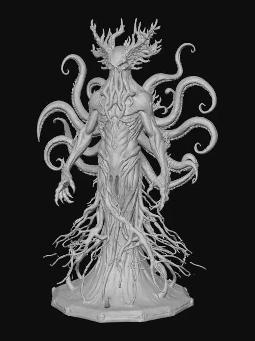 3D model for Ancient eldritch sea god inspired by Cthulhu. Tall towering humanoid horror with drowned, decayed anatomy. Skin is mottled abyss-black, rotten kelp green and dead navy blue with faint toxic violet veins that glow dimly beneath translucent patches of skin like trapped bioluminescence. Head is a writhing nest of long slimy tentacles dripping black seawater. Multiple sunken eyes emit a cold ghostly cyan glow. Coral-horn crown fused to skull, covered in barnacles and scars. Ribcage partially exposed, glowing runes carved into flesh. Back tentacles move like sentient limbs. Long claws like jagged volcanic glass. Body leaks dark ink mist that distorts reality. Aura: ominous, ancient, unstoppable cosmic dread.