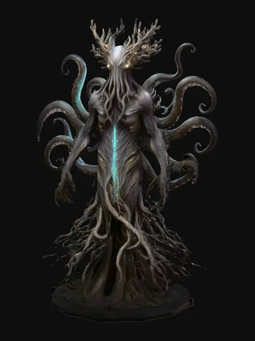 3D model for Ancient eldritch sea god inspired by Cthulhu. Tall towering humanoid horror with drowned, decayed anatomy. Skin is mottled abyss-black, rotten kelp green and dead navy blue with faint toxic violet veins that glow dimly beneath translucent patches of skin like trapped bioluminescence. Head is a writhing nest of long slimy tentacles dripping black seawater. Multiple sunken eyes emit a cold ghostly cyan glow. Coral-horn crown fused to skull, covered in barnacles and scars. Ribcage partially exposed, glowing runes carved into flesh. Back tentacles move like sentient limbs. Long claws like jagged volcanic glass. Body leaks dark ink mist that distorts reality. Aura: ominous, ancient, unstoppable cosmic dread.