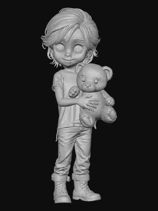 3D model for #Halloween2025#Tough young girl survivor, age 10, small but confident, messy short hair with uneven knife-cut bangs, one grey eye and one faint violet glowing eye. Dirty face with small scars. Wears oversized torn military jacket with stitched patches, ripped striped shirt, rugged shorts, torn leggings and heavy worn boots tied with wire. Rope belt with trinkets, bones and keys. Holds creepy teddy bear in one hand: damaged fur, stitches, one glowing red eye, little claws sewn into paws. Gritty post-apocalyptic style. Dark horror fantasy vibe, fearless attitude, slight smirk.